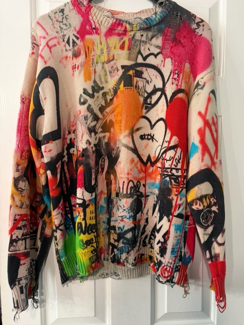 R13 Heart Graffiti Print Distressed Unisex Sweater Multi Colored Size Medium